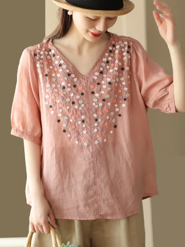 Women Summer Flower Embroidery V-Neck Ramie Tops