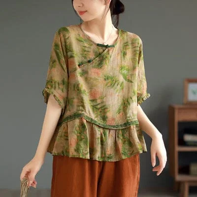 Women Summer Retro V Neck Linen Casual Tops