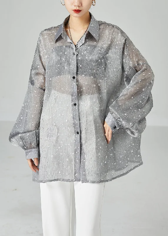 French Grey Oversized Print Silk Shirt Tops Summer