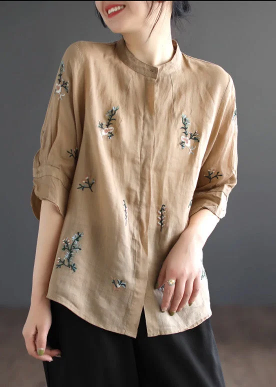 Art Khaki Embroidered Floral Button Ramie Shirt Half Sleeve