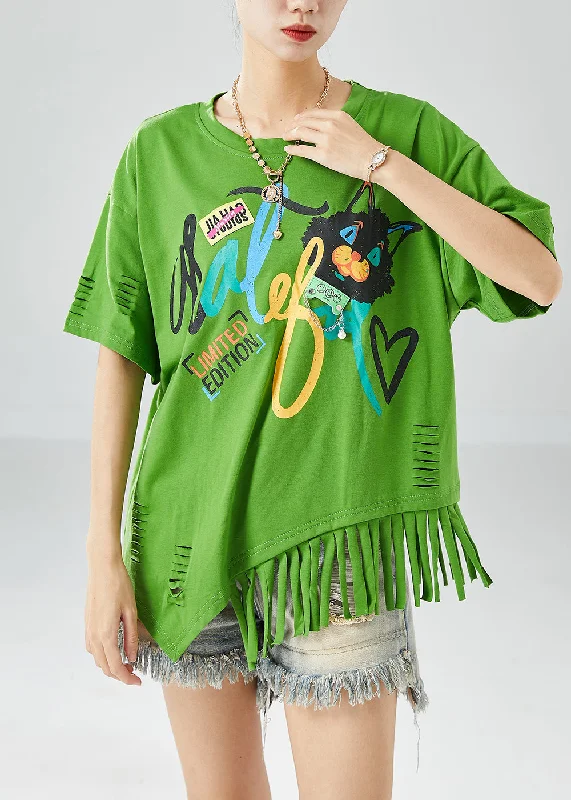 Unique Green Asymmetrical Tassel Print Cotton Ripped Tops Summer