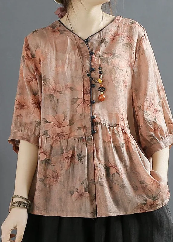 V Neck Floral Print Wrinkled Patchwork Linen Shirt