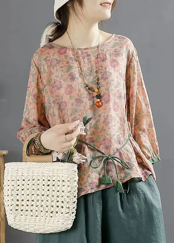 Pink Print Patchwork Lace Up Linen Top Summer