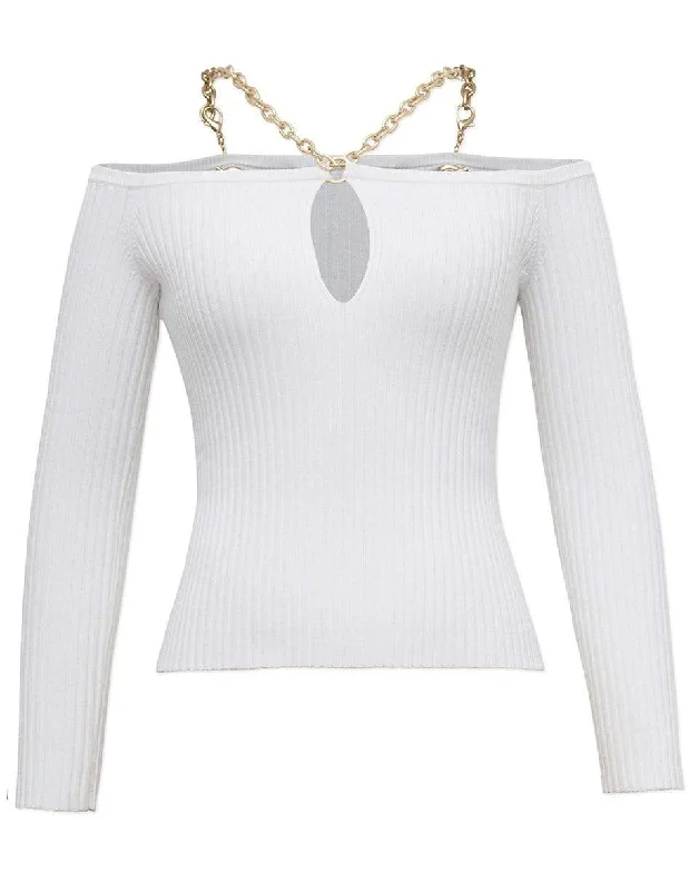 Quinn Compact Rib Long Sleeve Off Shoulder Chain Top