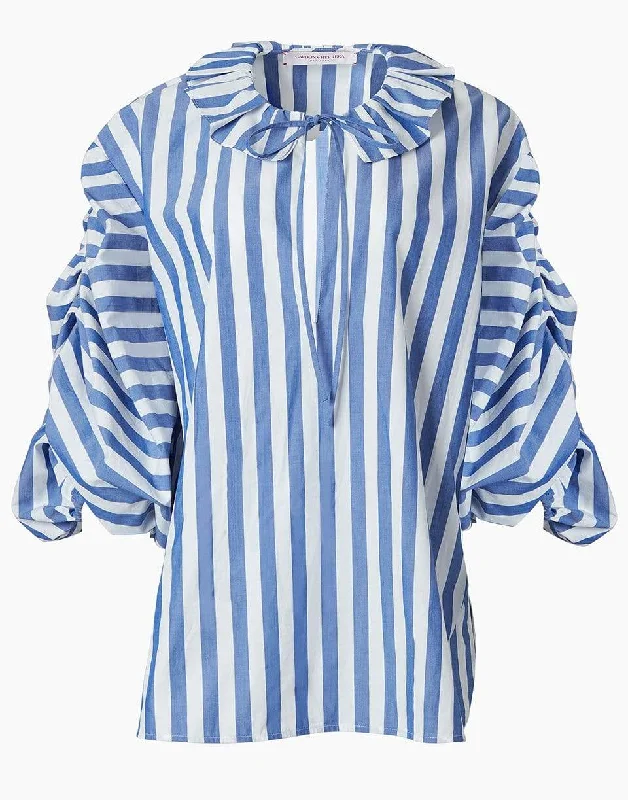 Striped Puff Sleeved Blouse with Neck Ruffle