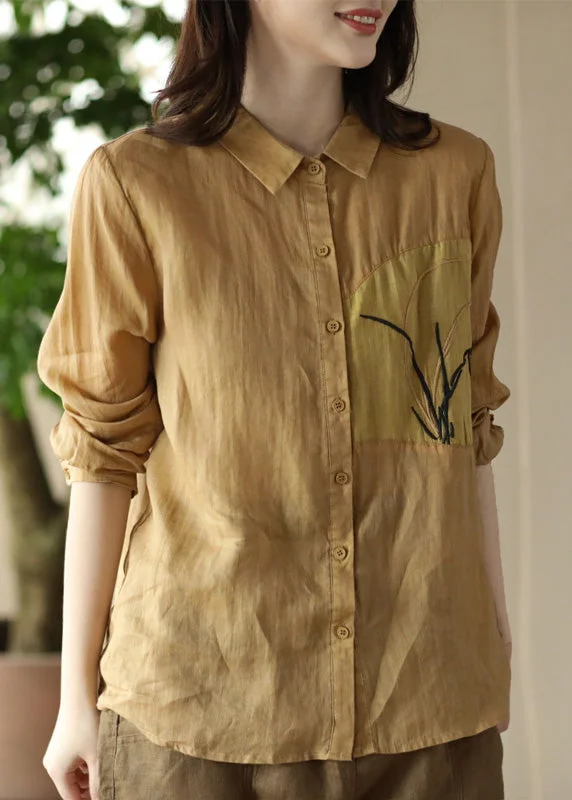 Handmade Peter Pan Collar Embroideried Button Ramie Shirts Long Sleeve