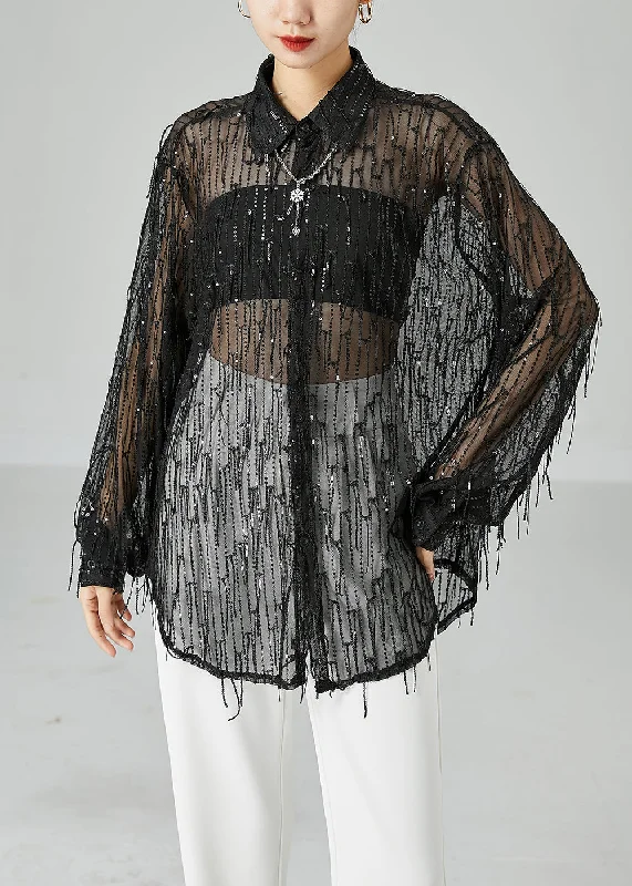 Modern Black Sequins Tassel Hollow Out Tulle Shirt Top Summer