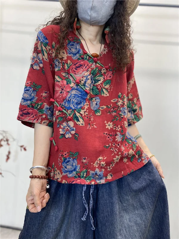 Flower Loose Retro Cotton Summer Tops Half Sleeve