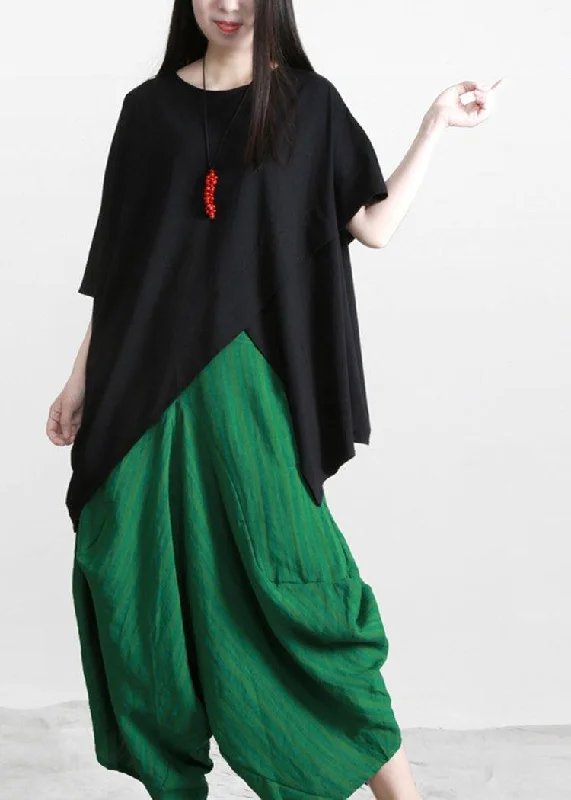 Women Black Cotton O Neck Asymmetric Tee