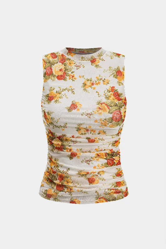 Floral Print Mesh Ruched Tank Top