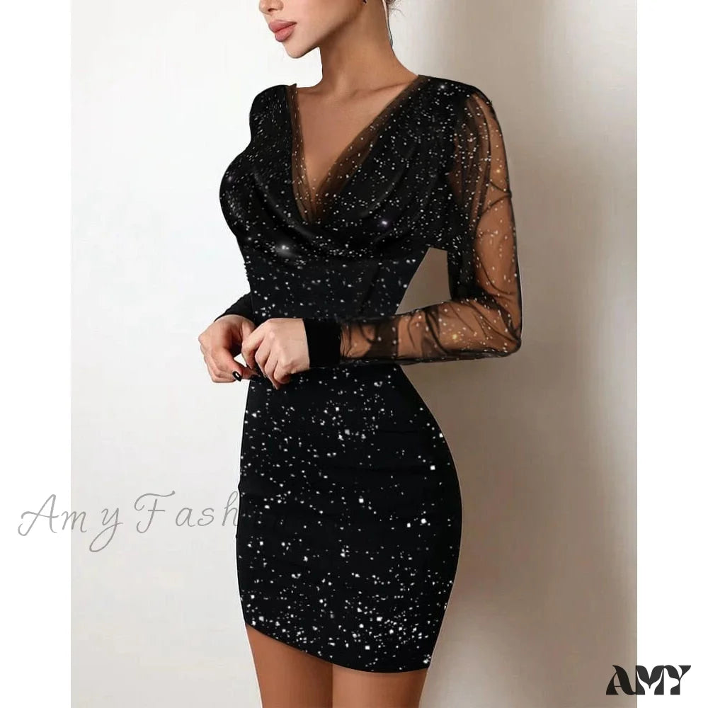 Amy Fashion - Sequin Sheer Mesh Glitter Long Sleeve Party Dress