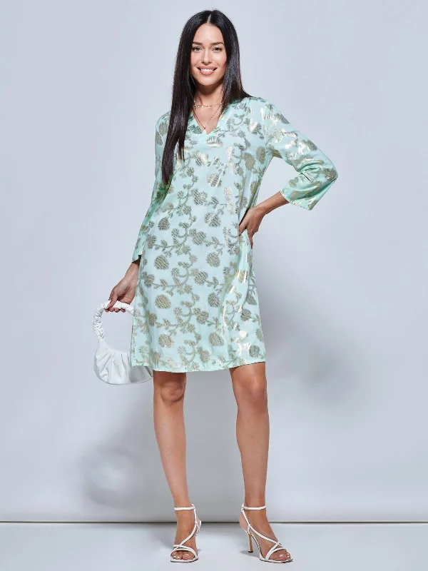 3/4 Sleeve Printed Midi Tunic Holiday Dress, Green Abstract