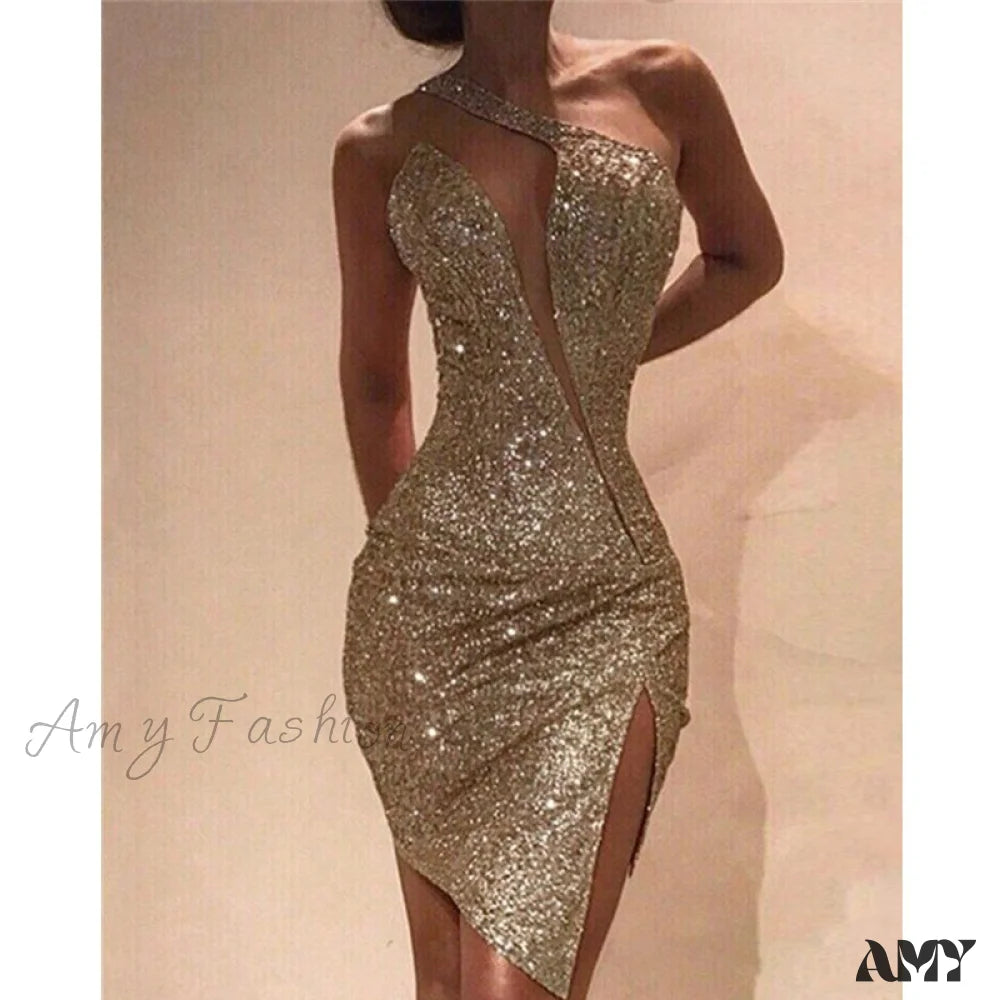 Amy Fashion - One Shoulder Cut Out Slit Bodycon Sequin Dress