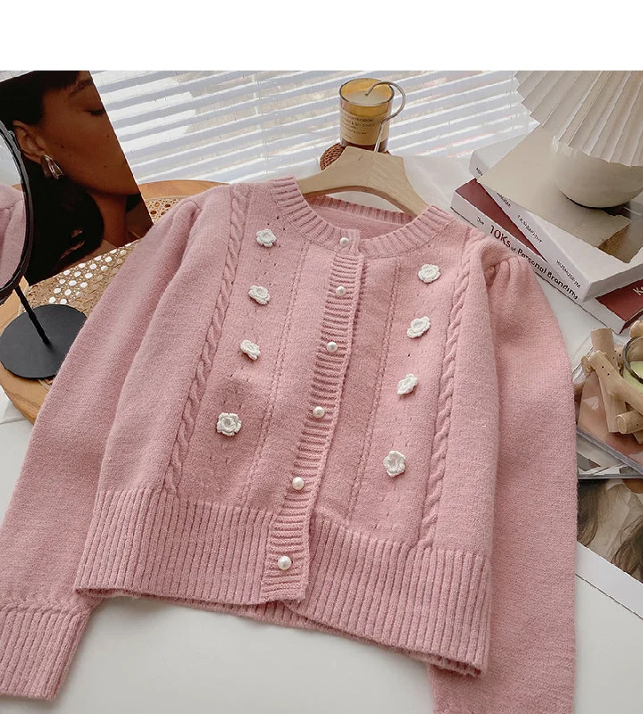 Vintage round neck pearl button cardigan sweater  6003