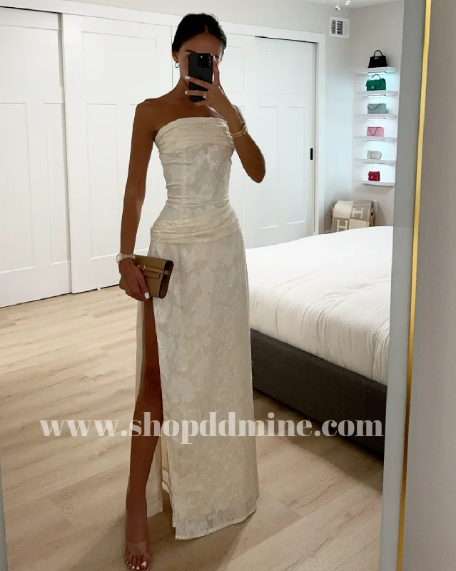 XATIA OFF WHITE JACQUARD TEXTURED HIGH SLIT MAXI DRESS