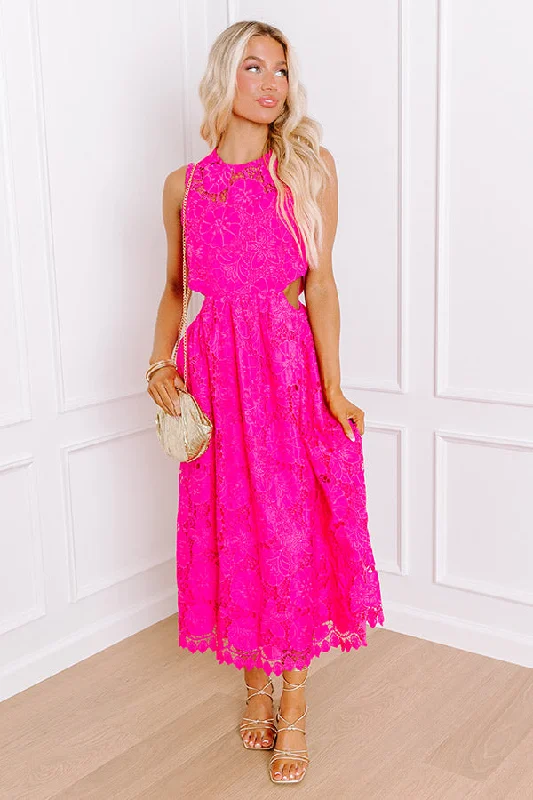 Enchanting Elegance Lace Cut Out Midi in Hot Pink