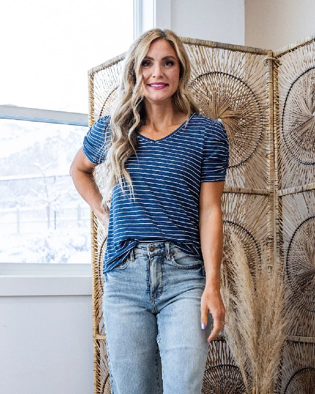 NEW! Mia Navy Striped Top with Gathered Puff Sleeves