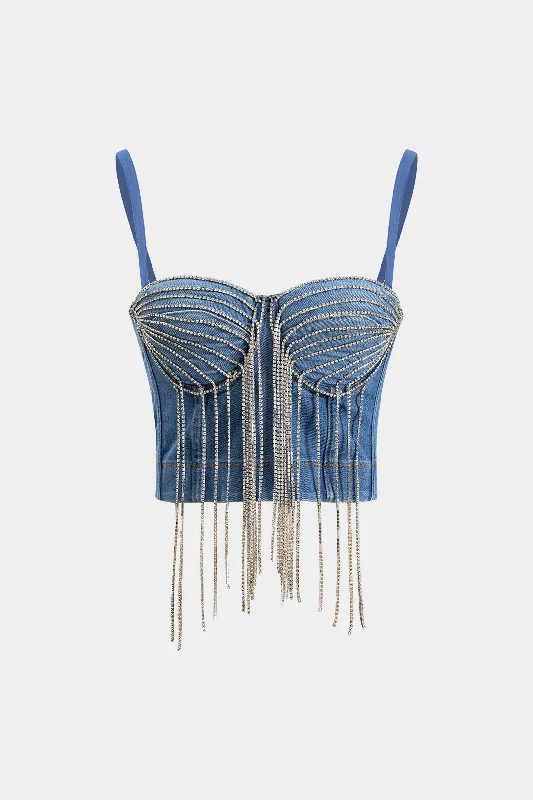 Denim Rhinestone Fringe Bustier Slip Cami Top