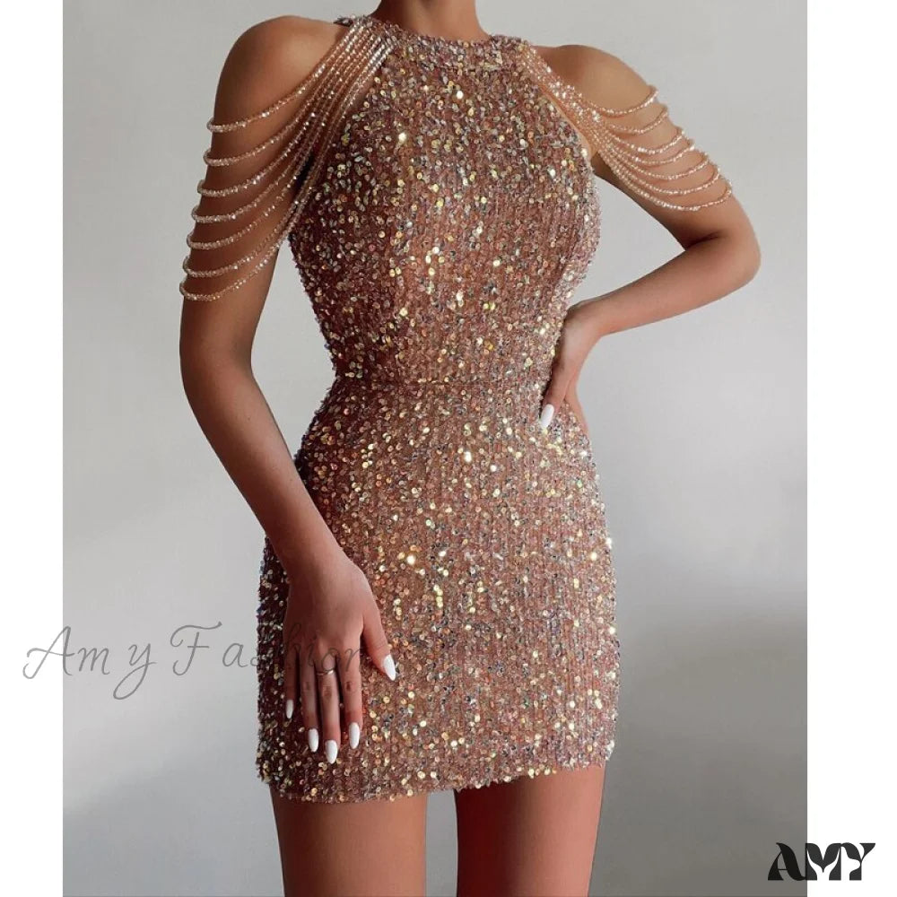 Amy Fashion - Off Shoulder Gold Sequin Short Party Bodycon Dress