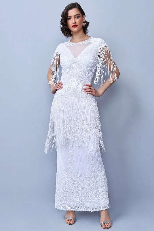 Ethel 1920s Evening Maxi Fringe Gown in White