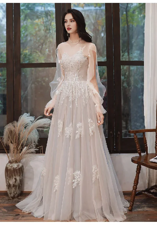 DingJiDress Formal Women's Dresses A Line Long Sleeves Lace Applique Tulle Long Wedding Dress