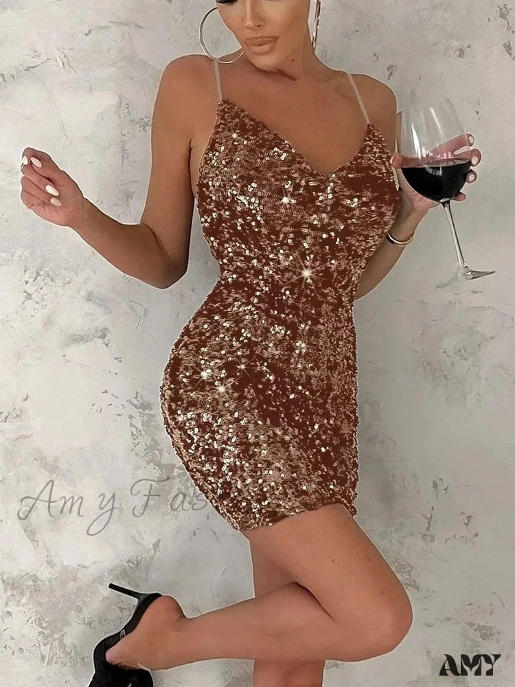 Amy Fashion - Sexy Silver Glitter Deep V-Neck Sequin Mini Bodycon Dress