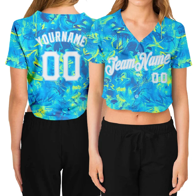 Custom Women's Graffiti Pattern White-Light Blue Scratch 3D V-Neck Cropped Baseball Jersey