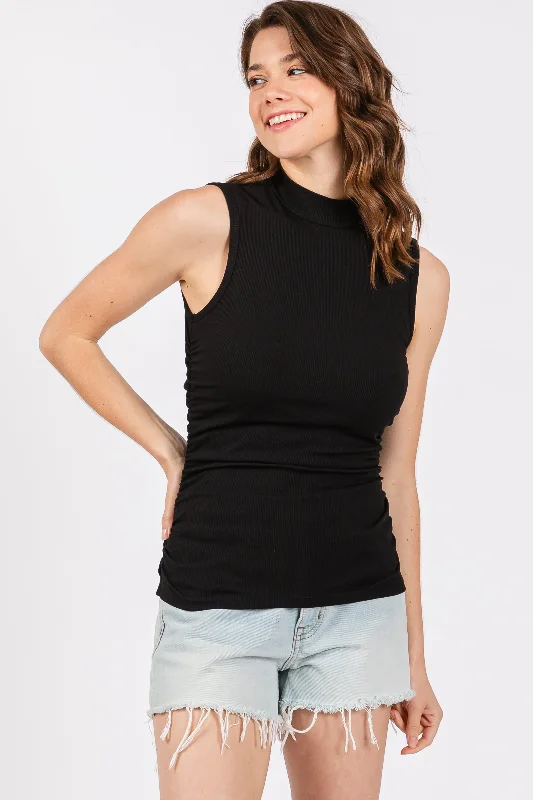 Black Ribbed Mock Neck Ruched Side Sleeveless Top