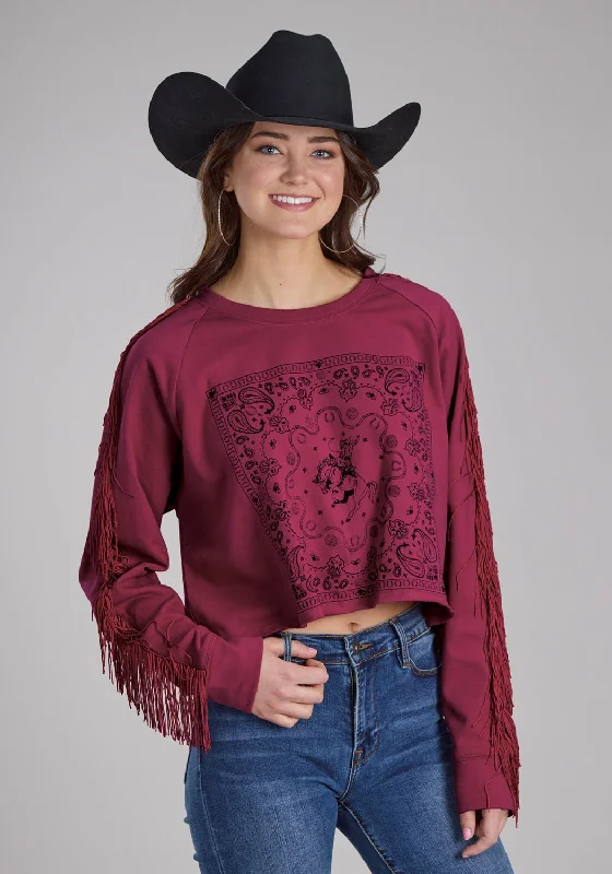 Roper Womens Paisley Square Fringe Wine 100% Cotton Sweatshirt