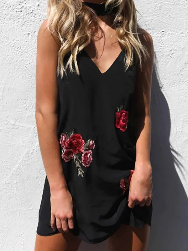 Wholesale Black Deep V-Neck Sleeveless Embroidered Mini Dresses