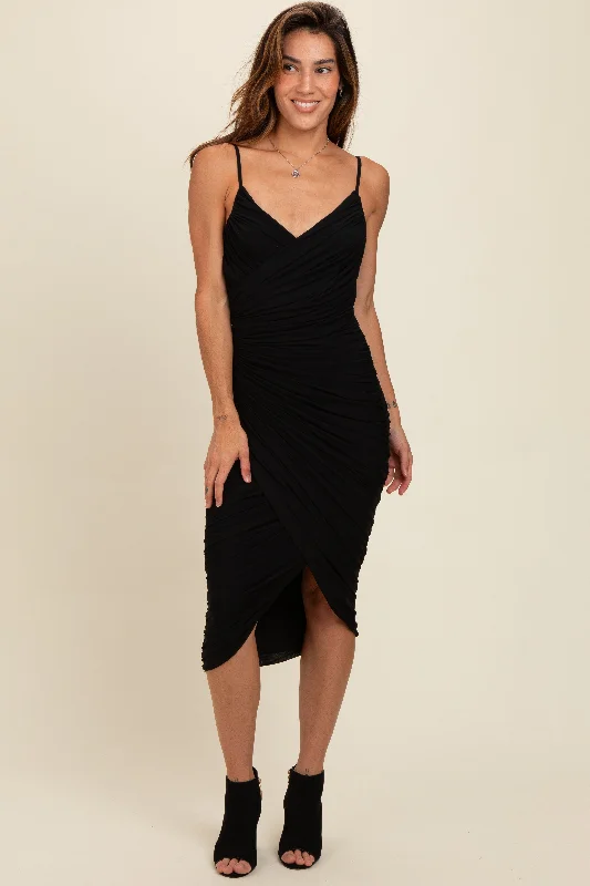 Black Ruched Mesh Fitted Tulip Hem Dress