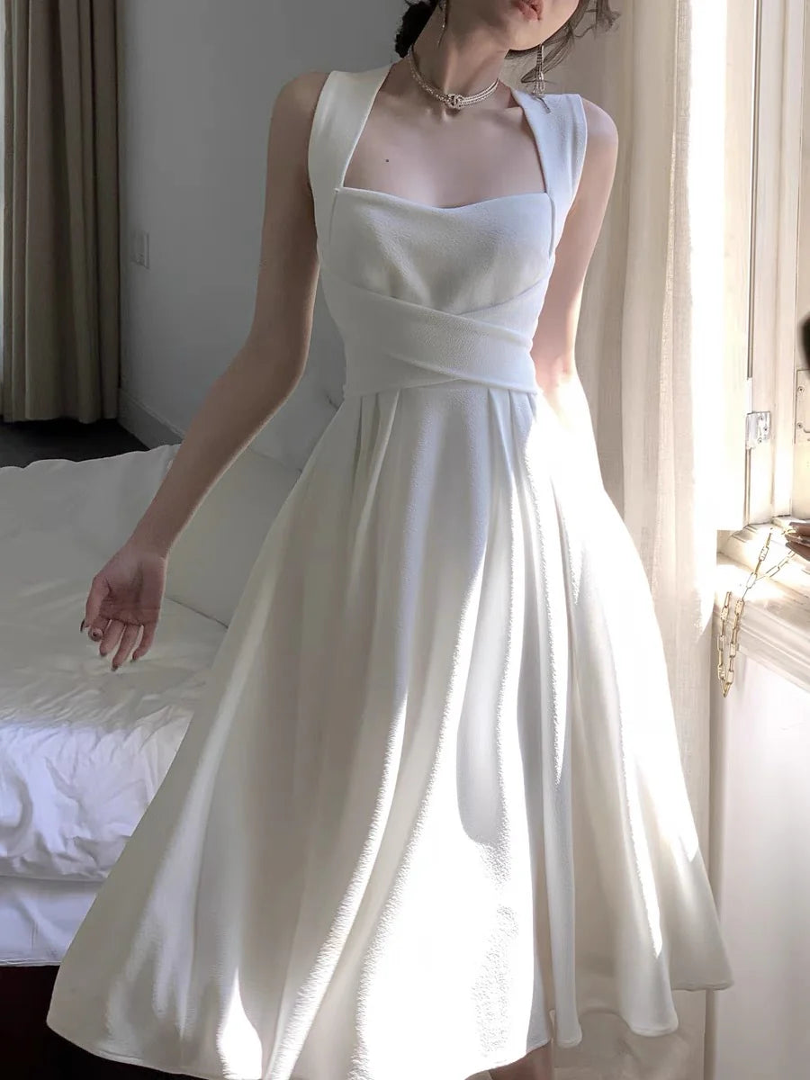 DingJiDress Formal Women's Dresses A Line Heart-shaped collar Sleeveless Gathered Waist Sweet Simple Wedding Dress