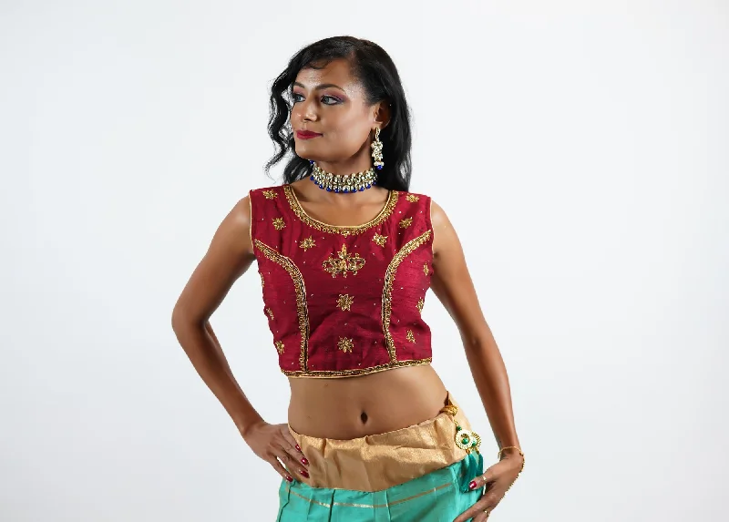 Formal Silk Embroidered Burgundy Red Crop Top