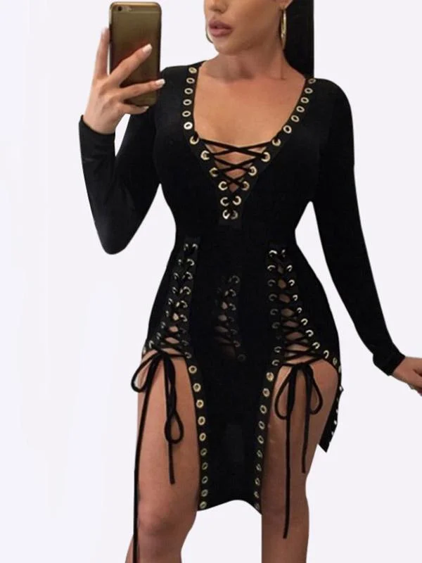 Wholesale Black V-Neck Long Sleeve Lace-Up Cut Out Irregular Hem Mini Dresses