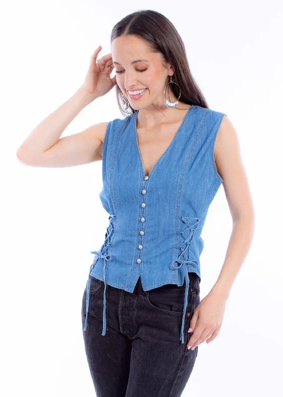 Scully Womens Lace Up Ties Blue Cotton Denim Vest