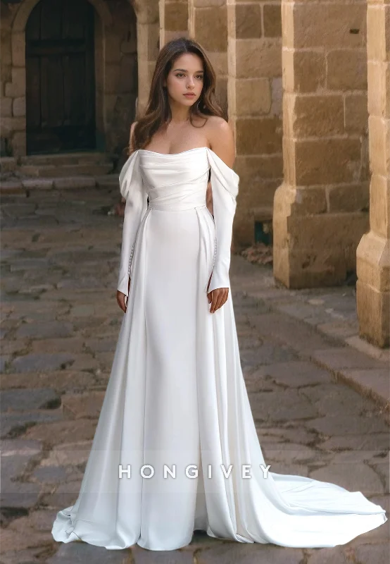 Off-Shoulder Long Sleeve Empire Pleats With Side Slit Wedding Dress