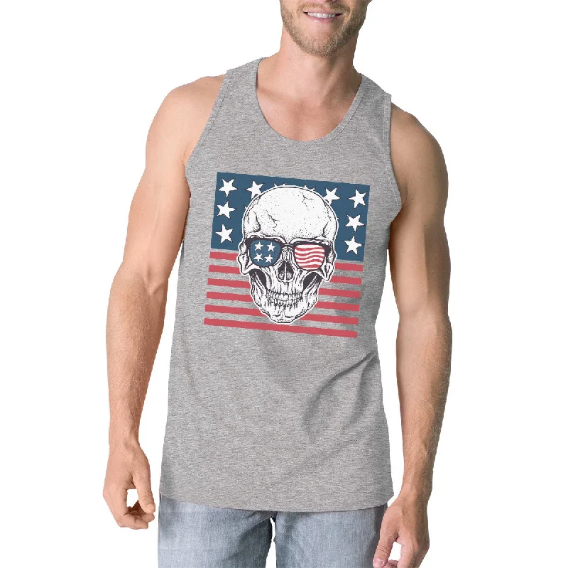 Skull American Flag Mens Grey Tank Top Crewneck Line Cotton Tee