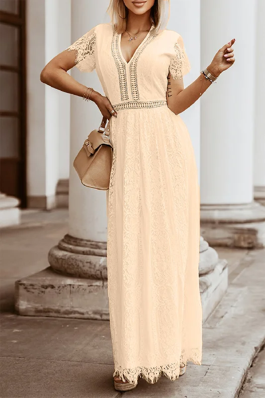 Lace Detail V-Neck Short Sleeve Dress