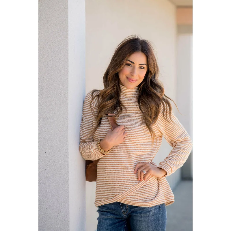 Striped Faux Wrap Zipper Neck Sweatshirt