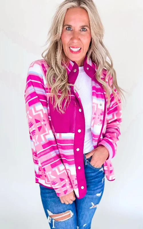 Hot Pink Aztec Fleece Snap Up Outdoor Jacket - Final Sale