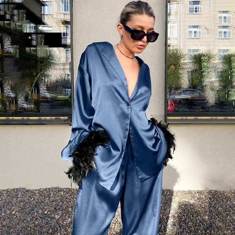 SIXSR 2025 spring satin premium pajamas long-sleeved feather cardigan trousers two-piece set loose  loungewear women