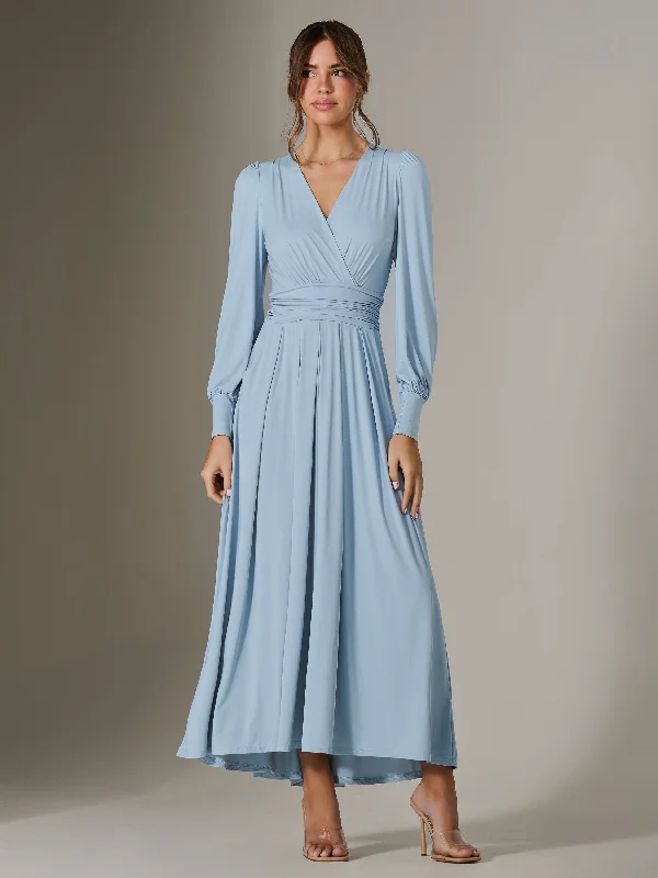 Long Sleeve Soft Silky Jersey Maxi Dress, Ice Blue