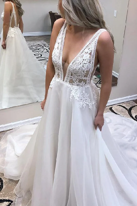 Long Deep V Neck A-line White Wedding Dress with Appliques