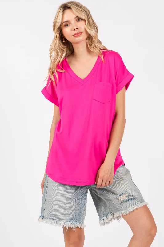 Fuchsia V-Neck Pocket Short Sleeve Shirt