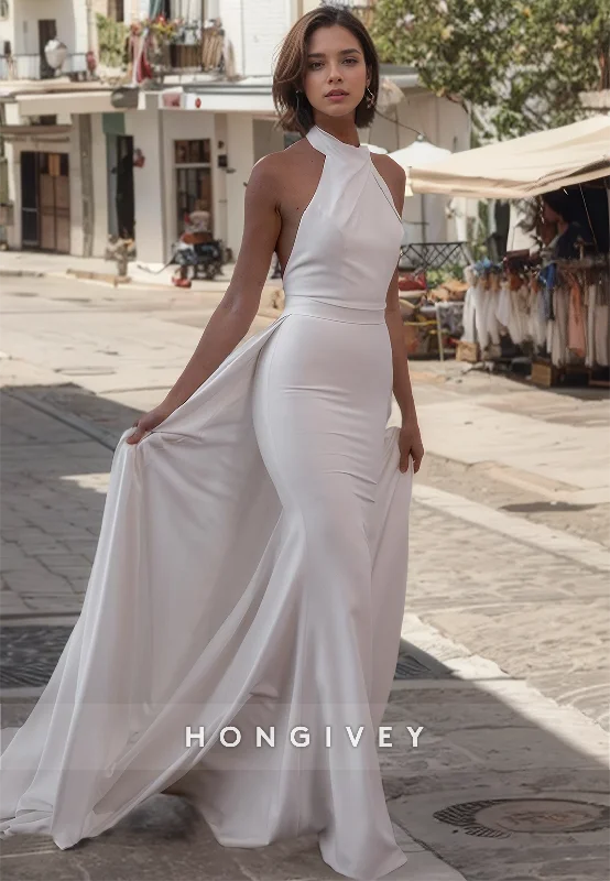 Sexy Satin Trumpet Halter Sleeveless Open Back Empire With Train Beach Wedding Dress