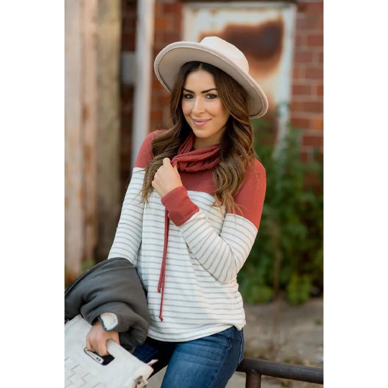 Solid Shoulder Striped Cowl Neck Sweatshirt