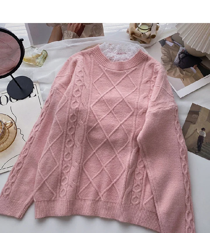 Korean lace edge round neck long sleeve design top  5985