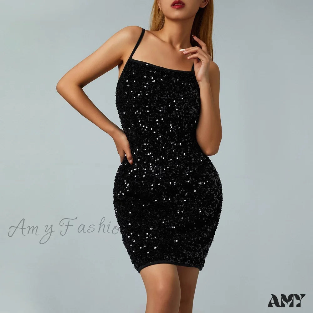 Amy Fashion - Sleeveless Sparkle Sequins Slim Mini Sexy Party Dress