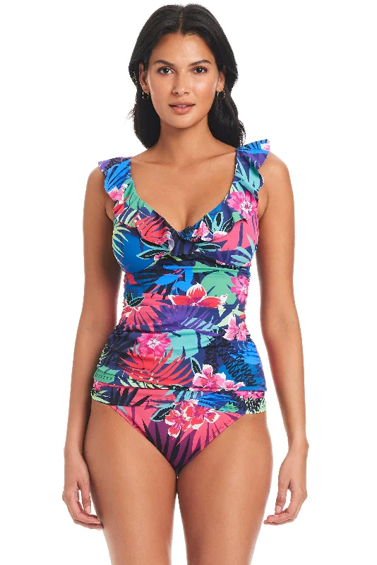 Hawaiian Punch Surplice Ruffle Tankini Swimsuit Top