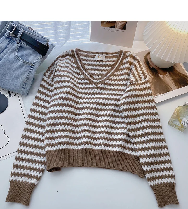 Stripe color contrast V-neck Pullover long sleeve temperament sweater 6000